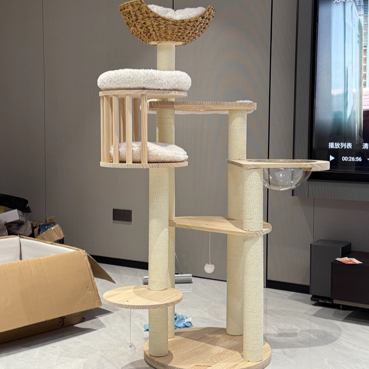 Contemporary Scandinavian Round Solid Pine Wood Faux Rattan Velvet Fabric Kraft Paper Rope Cat Tree 5-Tier For Living Room Cuvalon