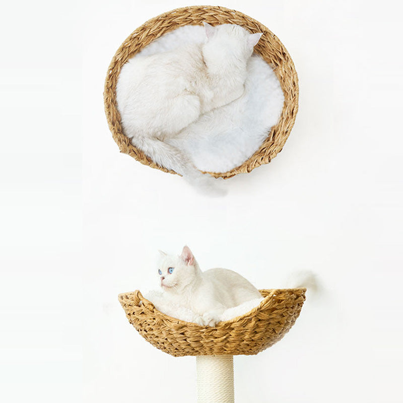 Contemporary Scandinavian Round Solid Pine Wood Faux Rattan Velvet Fabric Kraft Paper Rope Cat Tree 5-Tier For Living Room Cuvalon