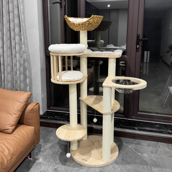 Contemporary Scandinavian Round Solid Pine Wood Faux Rattan Velvet Fabric Kraft Paper Rope Cat Tree 5-Tier For Living Room Cuvalon