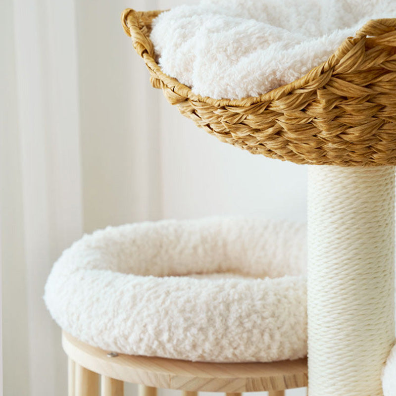 Contemporary Scandinavian Round Solid Pine Wood Faux Rattan Velvet Fabric Kraft Paper Rope Cat Tree 5-Tier For Living Room Cuvalon