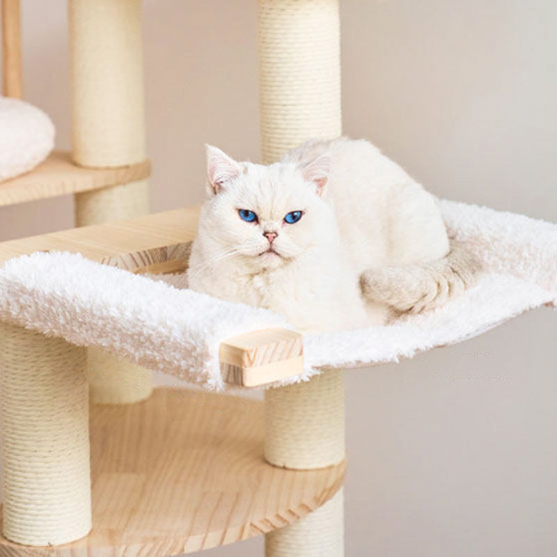 Contemporary Scandinavian Round Solid Pine Wood Faux Rattan Velvet Fabric Kraft Paper Rope Cat Tree 5-Tier For Living Room Cuvalon