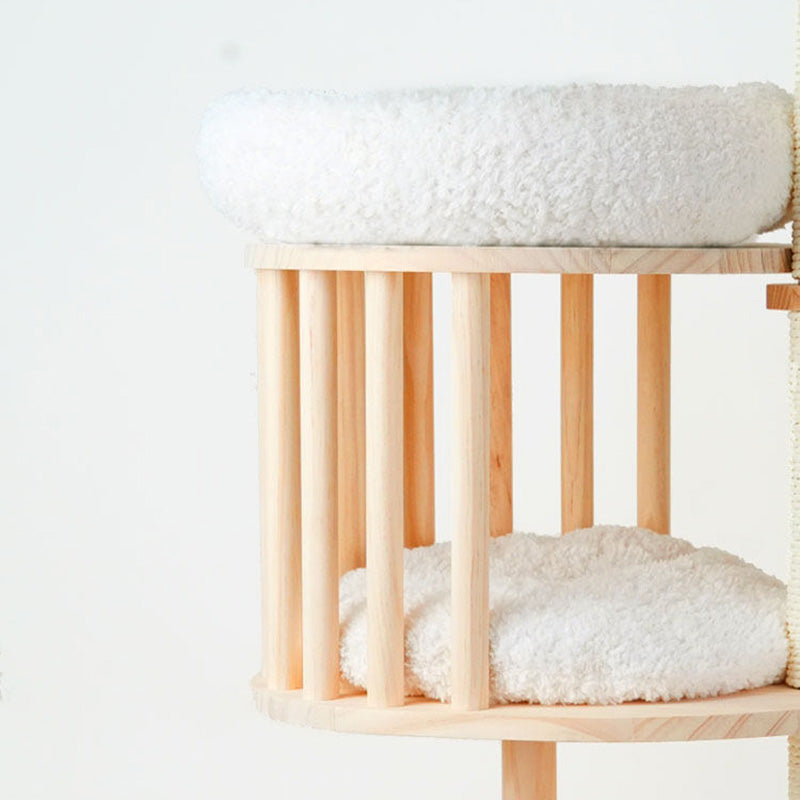 Contemporary Scandinavian Round Solid Pine Wood Faux Rattan Velvet Fabric Kraft Paper Rope Cat Tree 5-Tier For Living Room Cuvalon