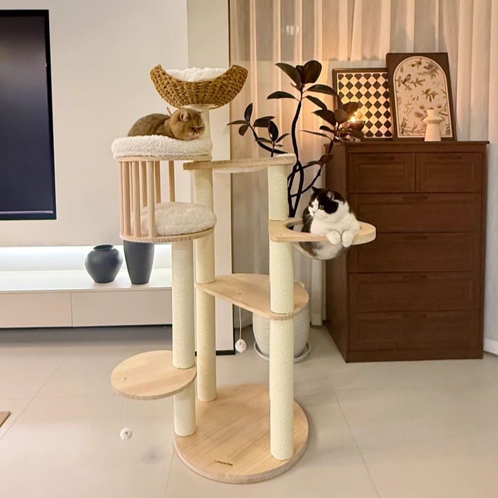 Contemporary Scandinavian Round Solid Pine Wood Faux Rattan Velvet Fabric Kraft Paper Rope Cat Tree 5-Tier For Living Room Cuvalon