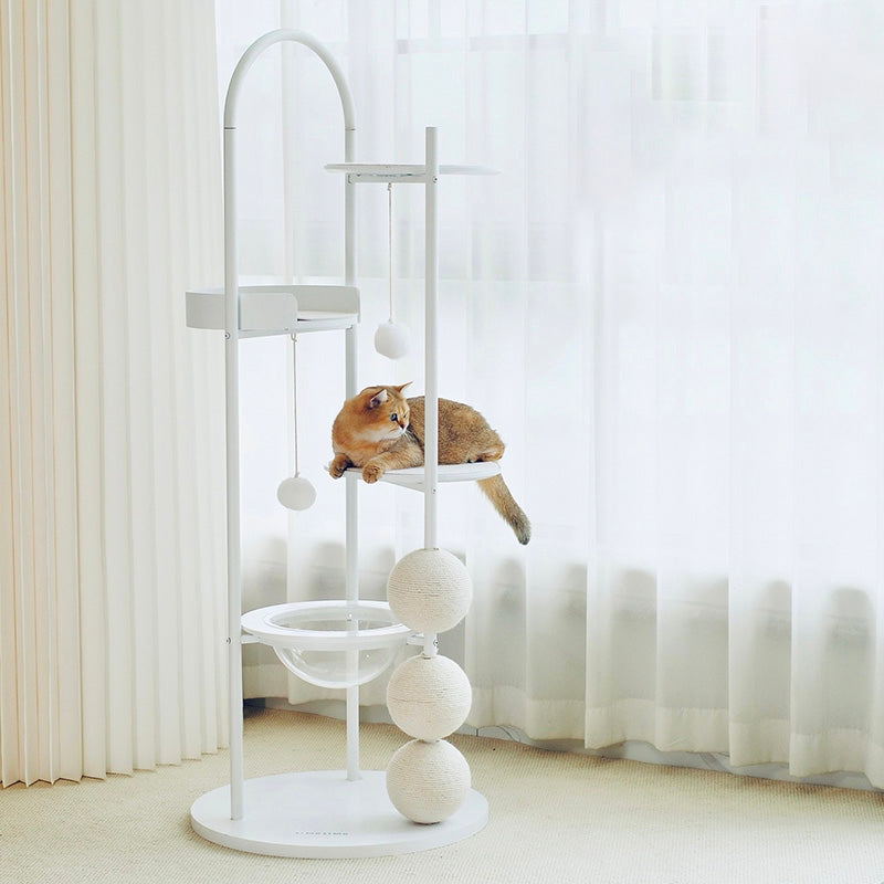 Contemporary Scandinavian Round Solid Pine Wood Medium-Density Fiberboard Iron Sisal Acrylic Cat Tree 5-Tier For Living Room Cuvalon