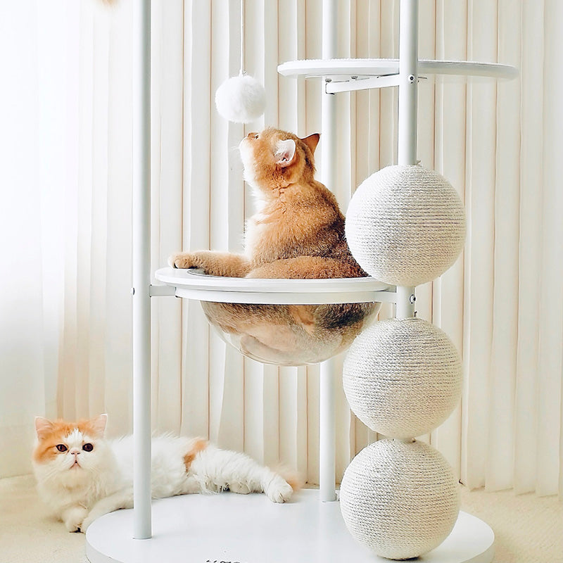 Contemporary Scandinavian Round Solid Pine Wood Medium-Density Fiberboard Iron Sisal Acrylic Cat Tree 5-Tier For Living Room Cuvalon
