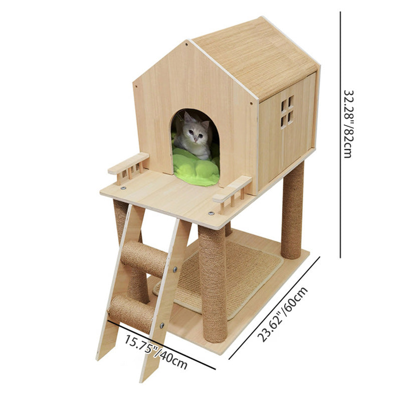 Contemporary Scandinavian Rectangular Multi-Layer Solid Wood Panel Hemp Rope Cat Tree 2-Tier For Living Room Cuvalon