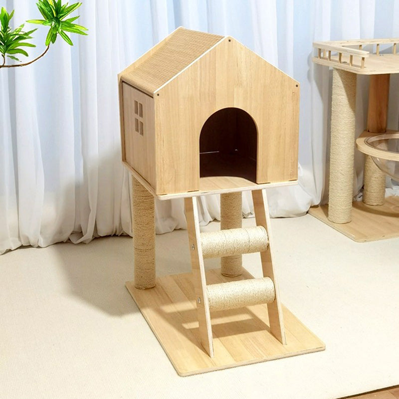 Contemporary Scandinavian Rectangular Multi-Layer Solid Wood Panel Hemp Rope Cat Tree 2-Tier For Living Room Cuvalon
