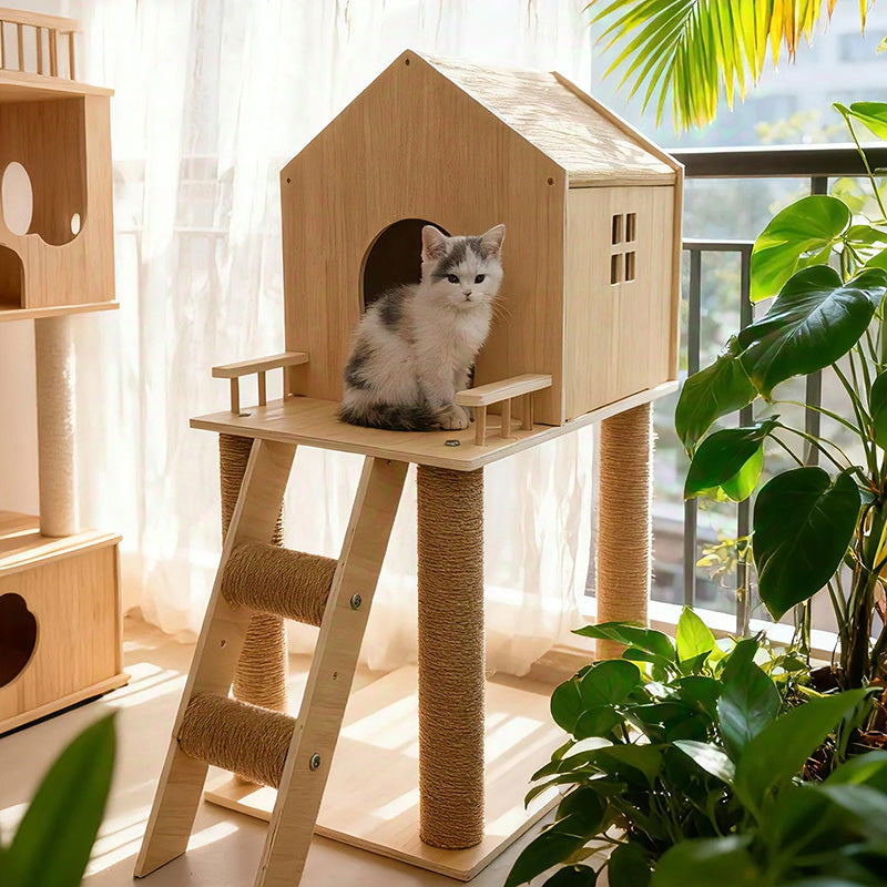 Contemporary Scandinavian Rectangular Multi-Layer Solid Wood Panel Hemp Rope Cat Tree 2-Tier For Living Room Cuvalon