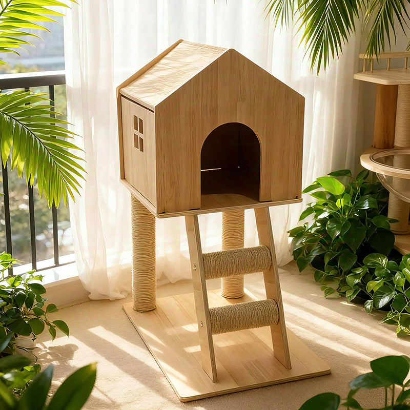 Contemporary Scandinavian Rectangular Multi-Layer Solid Wood Panel Hemp Rope Cat Tree 2-Tier For Living Room Cuvalon