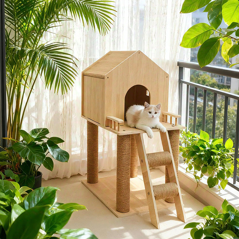 Contemporary Scandinavian Rectangular Multi-Layer Solid Wood Panel Hemp Rope Cat Tree 2-Tier For Living Room Cuvalon