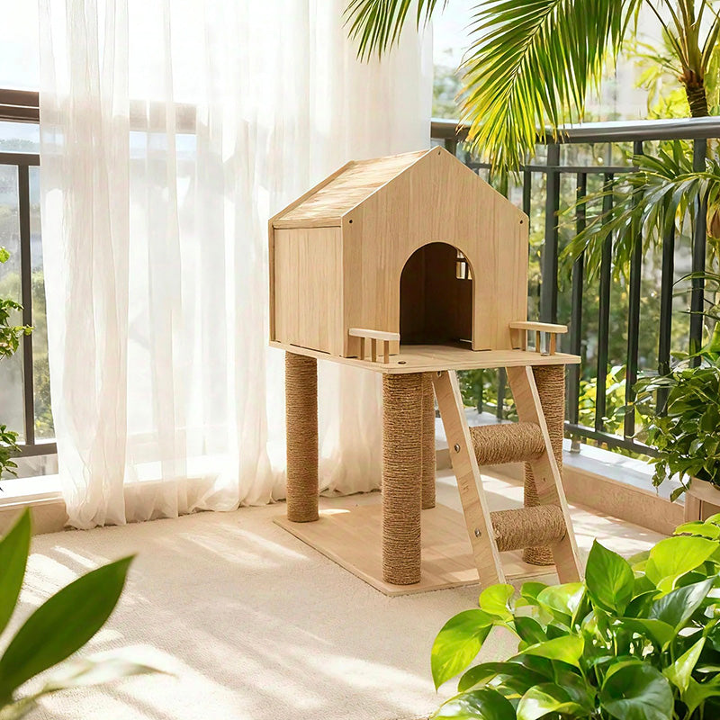Contemporary Scandinavian Rectangular Multi-Layer Solid Wood Panel Hemp Rope Cat Tree 2-Tier For Living Room Cuvalon