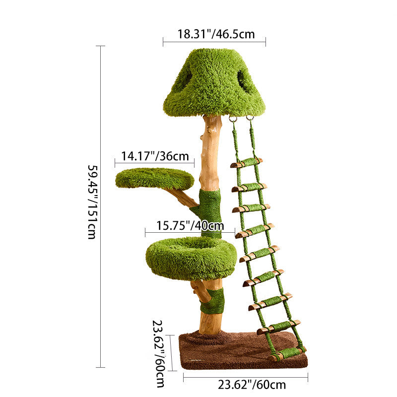 Contemporary Creative Round Particleboard Natural Fruitwood Sisal Velvet Fabric Cat Tree 4-Tier For Living Room Cuvalon