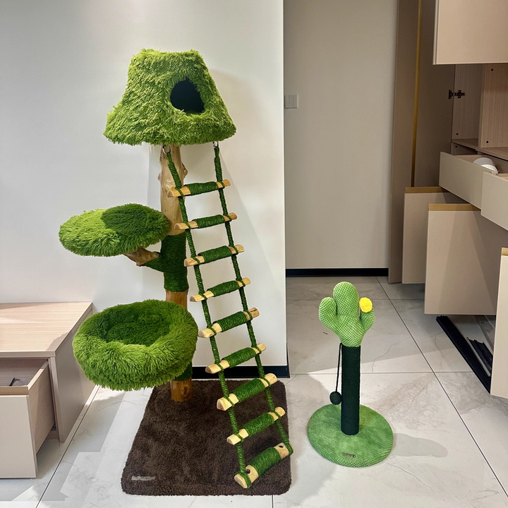 Contemporary Creative Round Particleboard Natural Fruitwood Sisal Velvet Fabric Cat Tree 4-Tier For Living Room Cuvalon