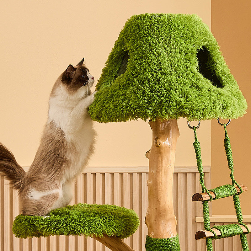 Contemporary Creative Round Particleboard Natural Fruitwood Sisal Velvet Fabric Cat Tree 4-Tier For Living Room Cuvalon