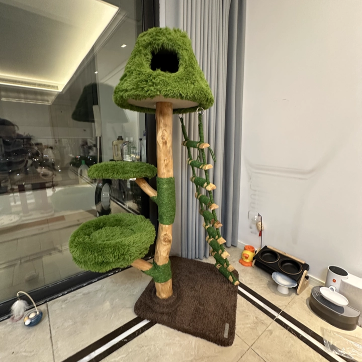 Contemporary Creative Round Particleboard Natural Fruitwood Sisal Velvet Fabric Cat Tree 4-Tier For Living Room Cuvalon