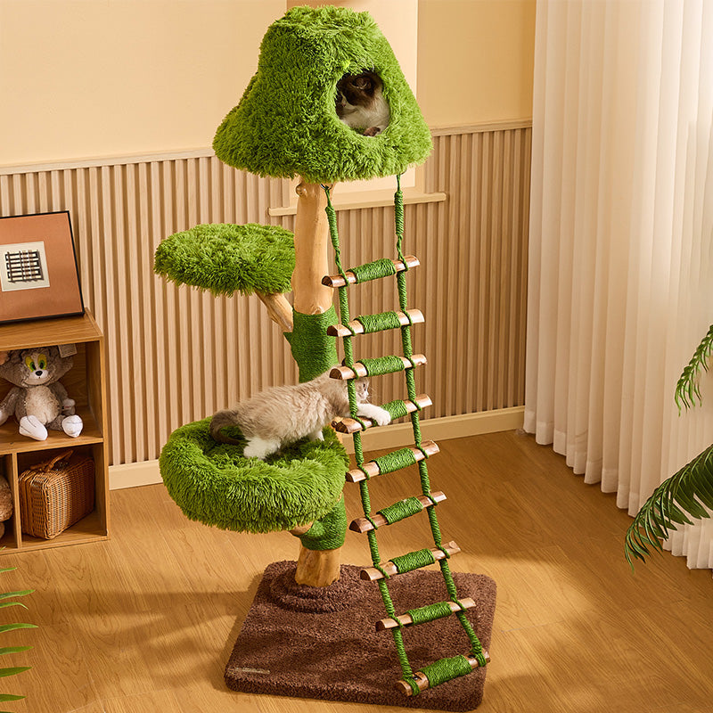Contemporary Creative Round Particleboard Natural Fruitwood Sisal Velvet Fabric Cat Tree 4-Tier For Living Room Cuvalon