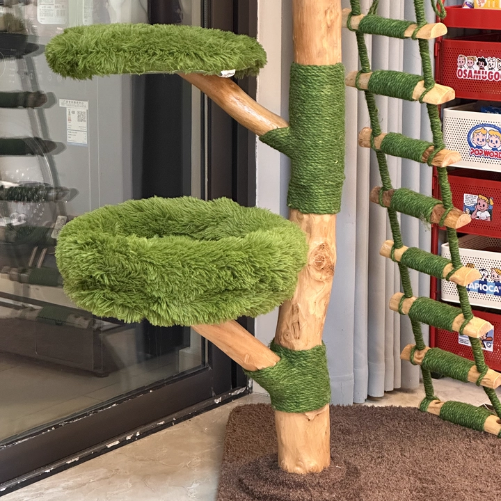 Contemporary Creative Round Particleboard Natural Fruitwood Sisal Velvet Fabric Cat Tree 4-Tier For Living Room Cuvalon
