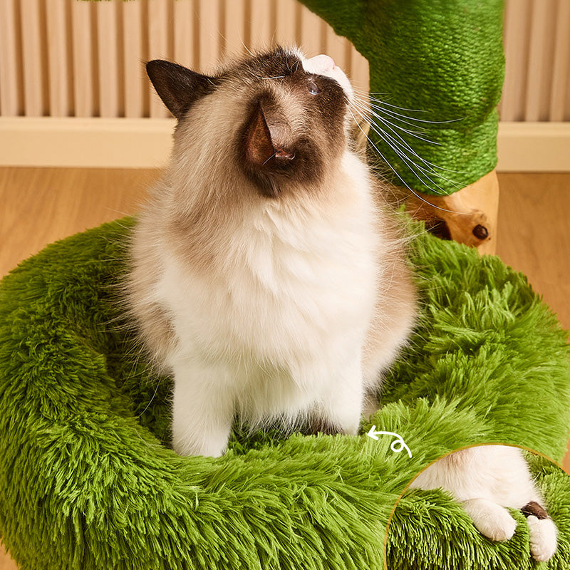 Contemporary Creative Round Particleboard Natural Fruitwood Sisal Velvet Fabric Cat Tree 4-Tier For Living Room Cuvalon