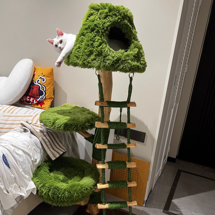 Contemporary Creative Round Particleboard Natural Fruitwood Sisal Velvet Fabric Cat Tree 4-Tier For Living Room Cuvalon