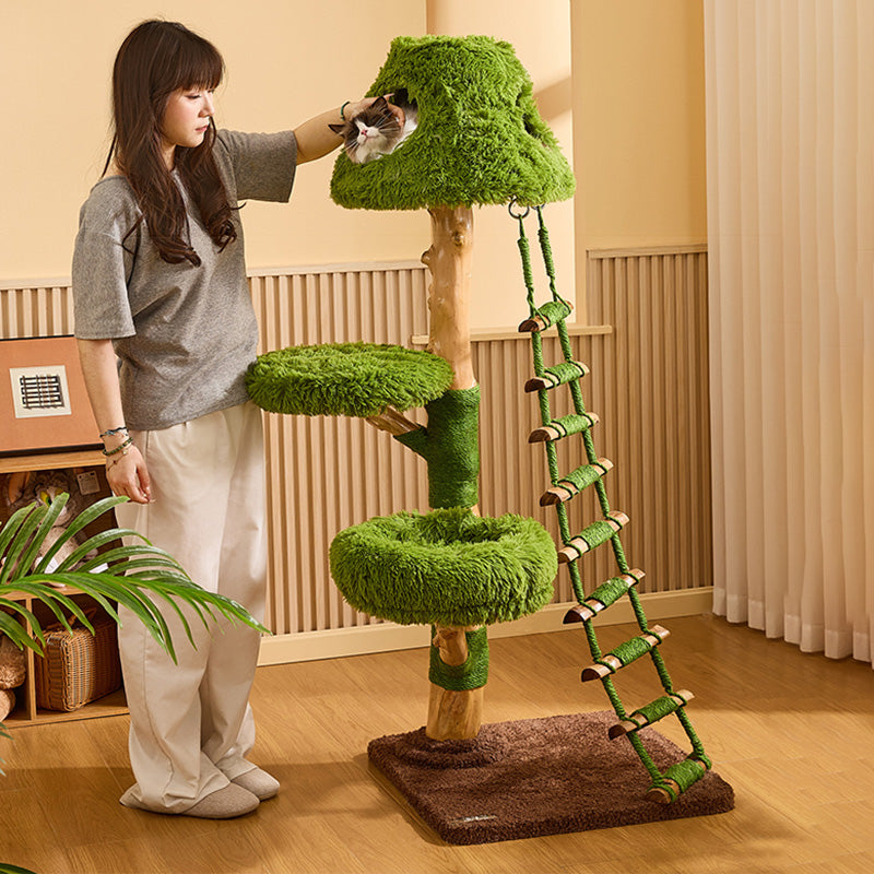 Contemporary Creative Round Particleboard Natural Fruitwood Sisal Velvet Fabric Cat Tree 4-Tier For Living Room Cuvalon