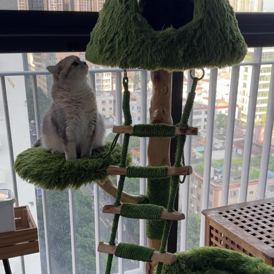Contemporary Creative Round Particleboard Natural Fruitwood Sisal Velvet Fabric Cat Tree 4-Tier For Living Room Cuvalon