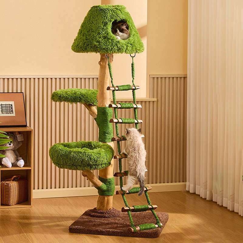 Contemporary Creative Round Particleboard Natural Fruitwood Sisal Velvet Fabric Cat Tree 4-Tier For Living Room Cuvalon