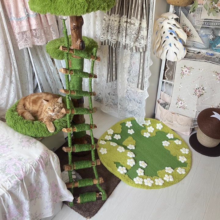 Contemporary Creative Round Particleboard Natural Fruitwood Sisal Velvet Fabric Cat Tree 4-Tier For Living Room Cuvalon