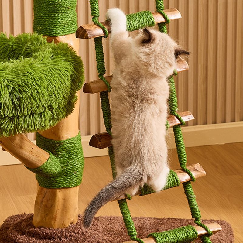 Contemporary Creative Round Particleboard Natural Fruitwood Sisal Velvet Fabric Cat Tree 4-Tier For Living Room Cuvalon