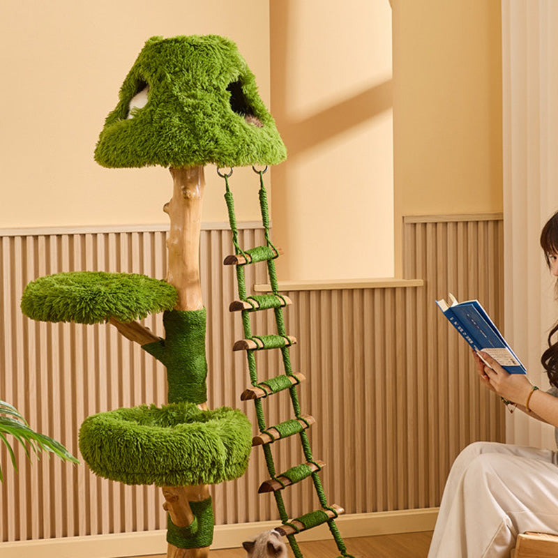 Contemporary Creative Round Particleboard Natural Fruitwood Sisal Velvet Fabric Cat Tree 4-Tier For Living Room Cuvalon