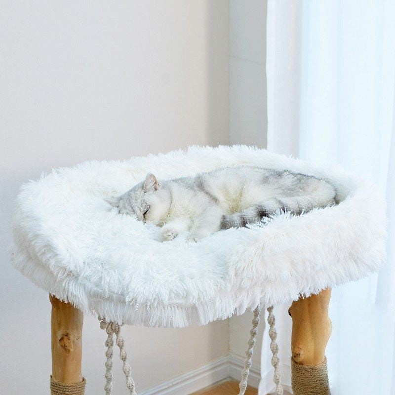 Contemporary Scandinavian Rectangular Particleboard Natural Fruitwood Hemp Rope Velvet Fabric Cat Tree 3-Tier For Living Room Cuvalon