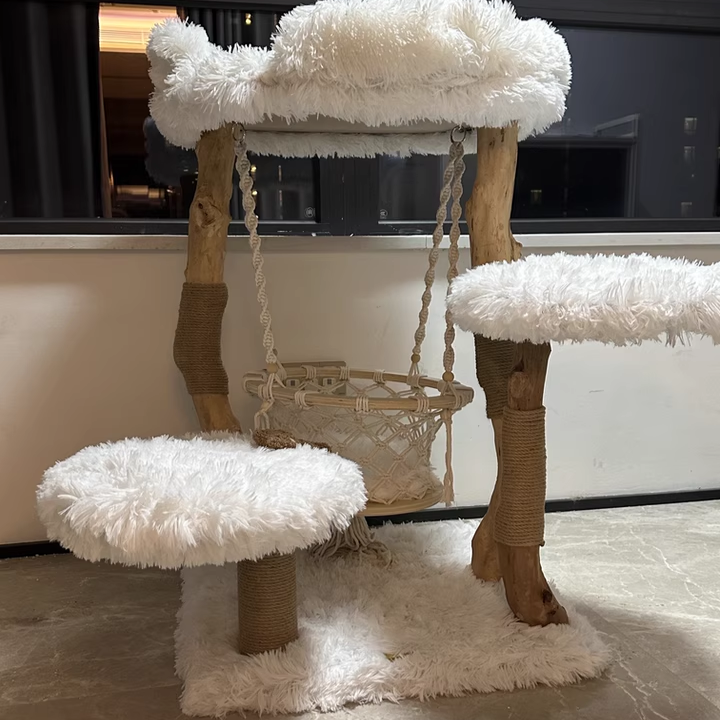 Contemporary Scandinavian Rectangular Particleboard Natural Fruitwood Hemp Rope Velvet Fabric Cat Tree 3-Tier For Living Room Cuvalon