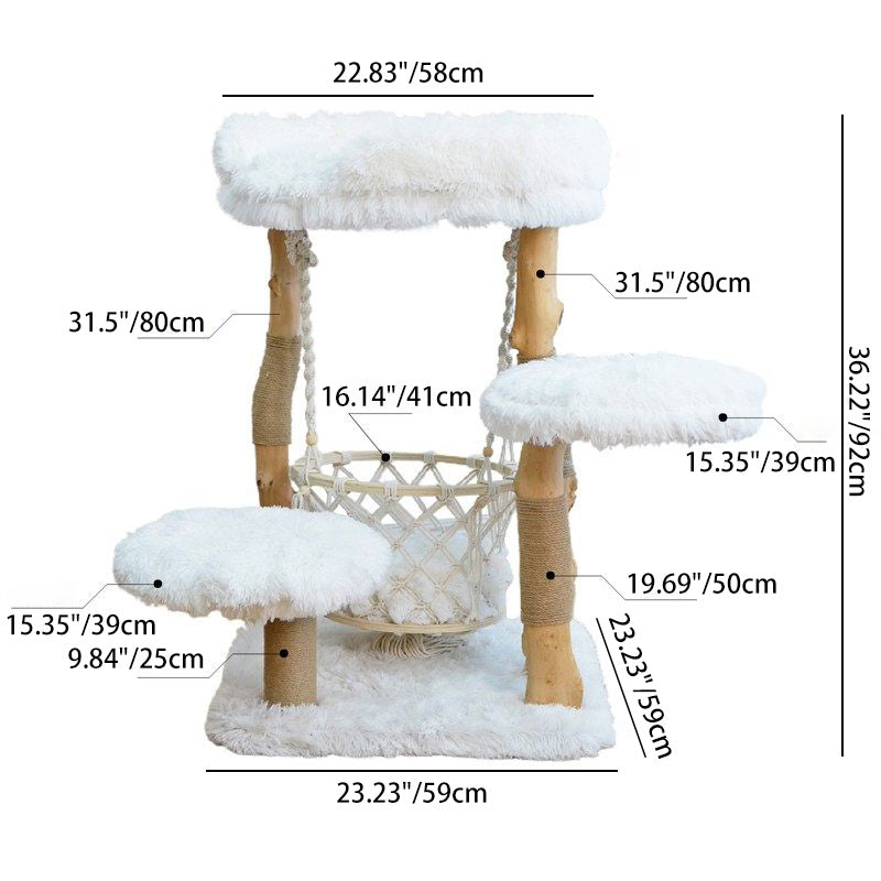 Contemporary Scandinavian Rectangular Particleboard Natural Fruitwood Hemp Rope Velvet Fabric Cat Tree 3-Tier For Living Room Cuvalon