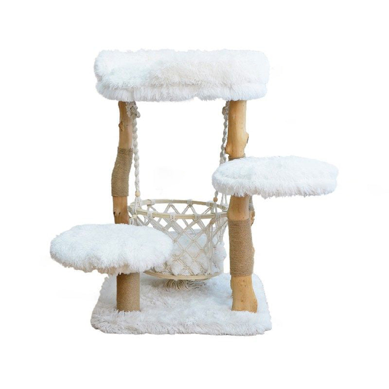 Contemporary Scandinavian Rectangular Particleboard Natural Fruitwood Hemp Rope Velvet Fabric Cat Tree 3-Tier For Living Room Cuvalon