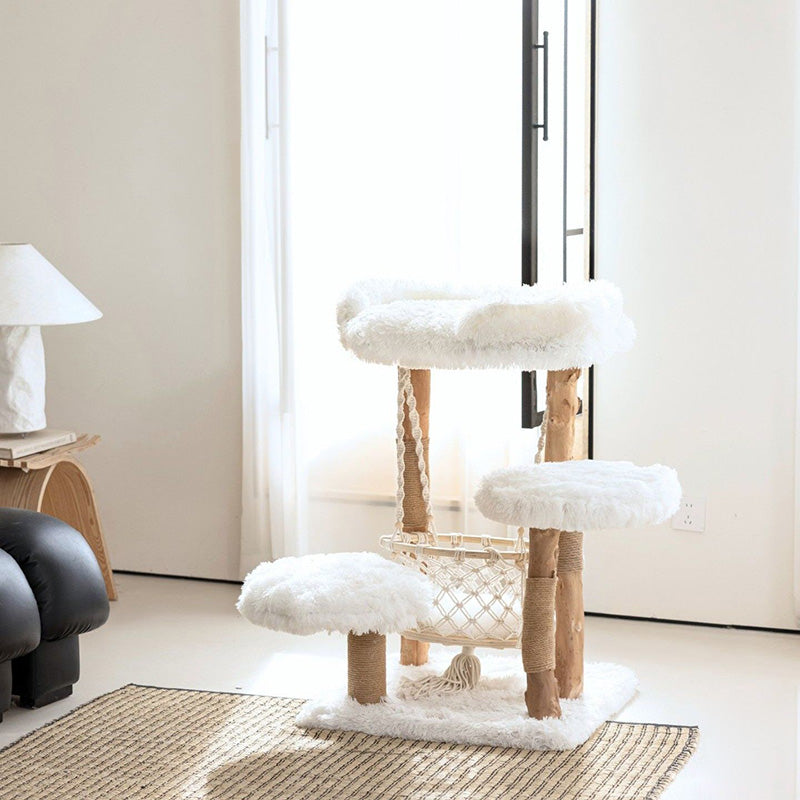 Contemporary Scandinavian Rectangular Particleboard Natural Fruitwood Hemp Rope Velvet Fabric Cat Tree 3-Tier For Living Room Cuvalon