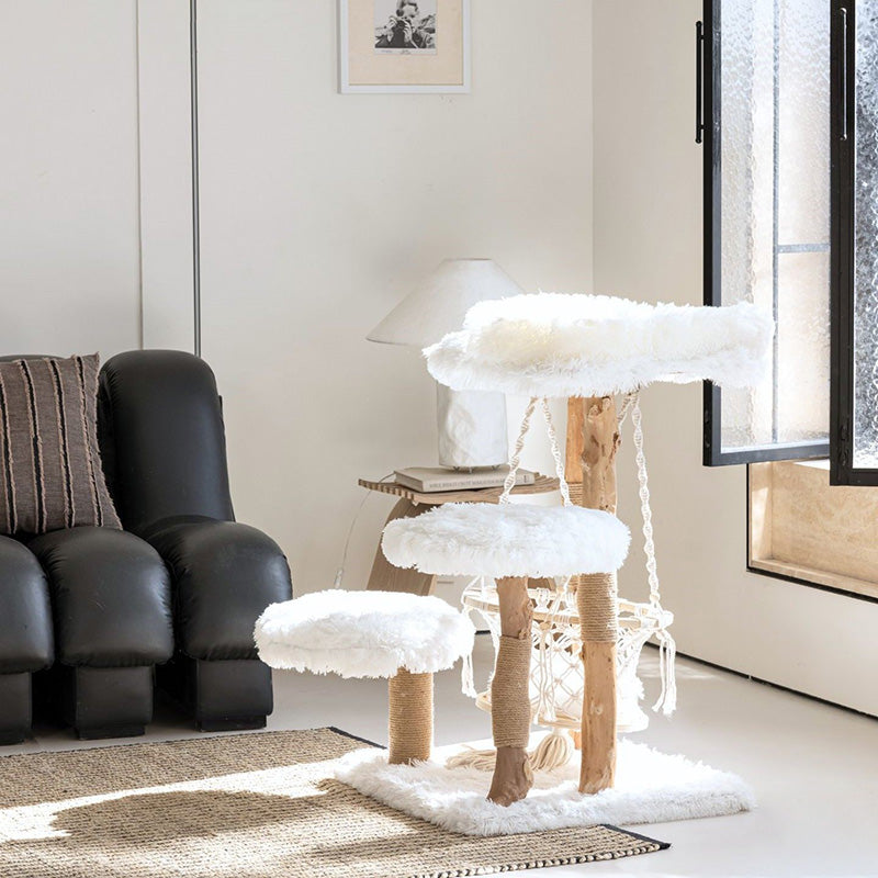 Contemporary Scandinavian Rectangular Particleboard Natural Fruitwood Hemp Rope Velvet Fabric Cat Tree 3-Tier For Living Room Cuvalon