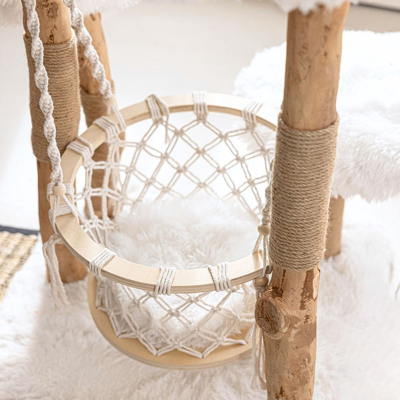 Contemporary Scandinavian Rectangular Particleboard Natural Fruitwood Hemp Rope Velvet Fabric Cat Tree 3-Tier For Living Room Cuvalon
