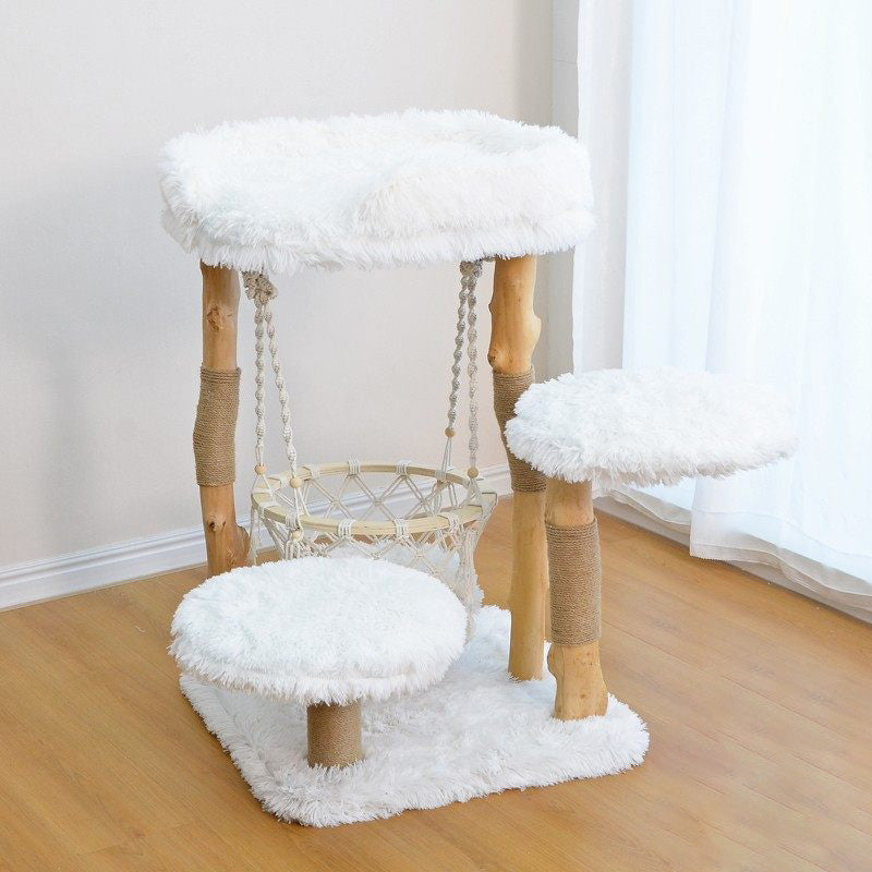 Contemporary Scandinavian Rectangular Particleboard Natural Fruitwood Hemp Rope Velvet Fabric Cat Tree 3-Tier For Living Room Cuvalon