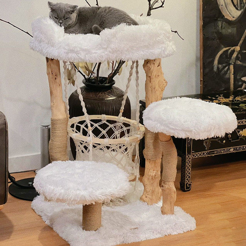 Contemporary Scandinavian Rectangular Particleboard Natural Fruitwood Hemp Rope Velvet Fabric Cat Tree 3-Tier For Living Room Cuvalon