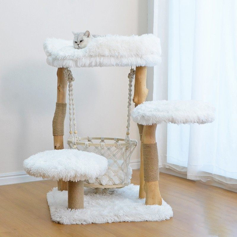 Contemporary Scandinavian Rectangular Particleboard Natural Fruitwood Hemp Rope Velvet Fabric Cat Tree 3-Tier For Living Room Cuvalon
