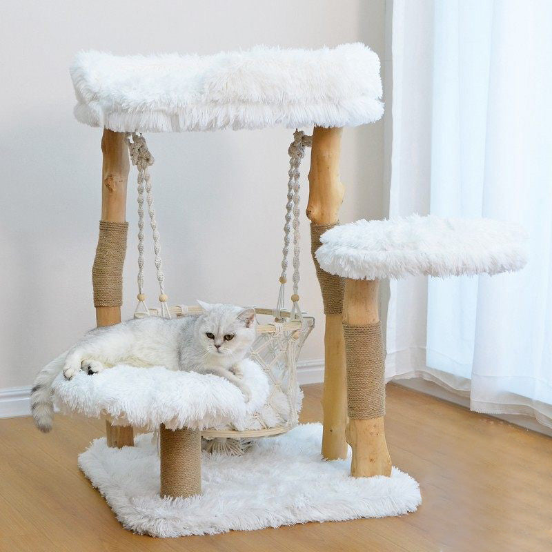 Contemporary Scandinavian Rectangular Particleboard Natural Fruitwood Hemp Rope Velvet Fabric Cat Tree 3-Tier For Living Room Cuvalon