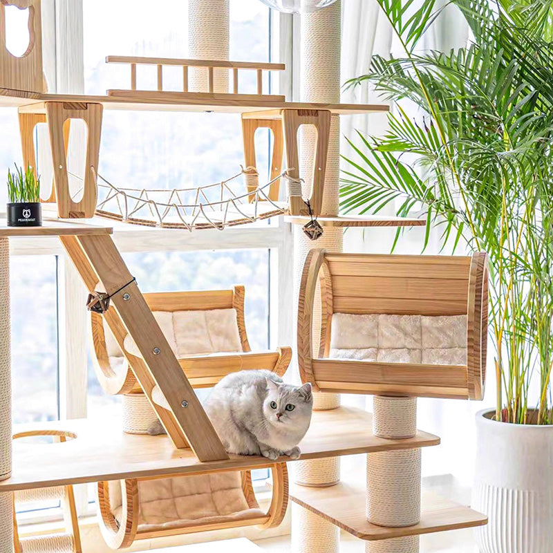 Contemporary Scandinavian Rectangular Solid Wood Panel Multi-Layer Solid Wood Panel Paper Tube Paper Rope Velvet Fabric Acrylic Large Cat Tree 6-Tier For Living Room Cuvalon