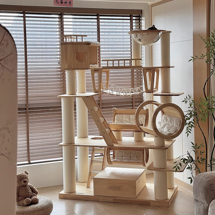 Contemporary Scandinavian Rectangular Solid Wood Panel Multi-Layer Solid Wood Panel Paper Tube Paper Rope Velvet Fabric Acrylic Large Cat Tree 6-Tier For Living Room Cuvalon