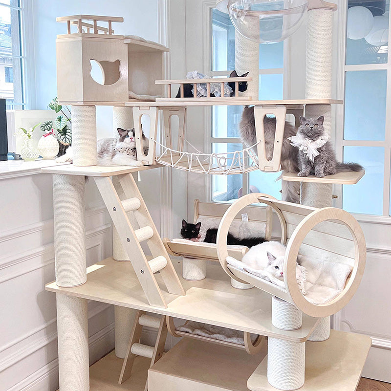 Contemporary Scandinavian Rectangular Solid Wood Panel Multi-Layer Solid Wood Panel Paper Tube Paper Rope Velvet Fabric Acrylic Large Cat Tree 6-Tier For Living Room Cuvalon