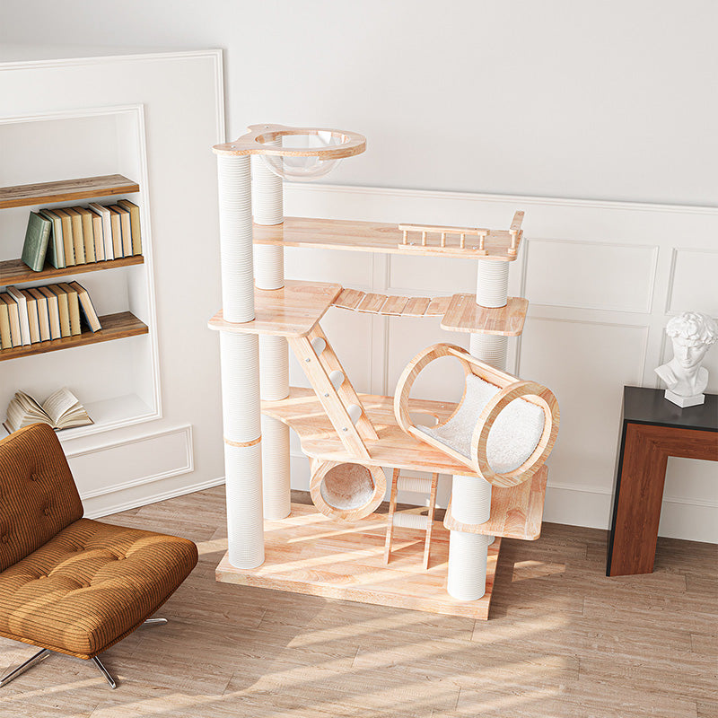 Contemporary Scandinavian Rectangular Solid Wood Panel Multi-Layer Solid Wood Panel Paper Tube Paper Rope Velvet Fabric Acrylic Large Cat Tree 6-Tier For Living Room Cuvalon