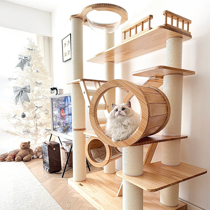 Contemporary Scandinavian Rectangular Solid Wood Panel Multi-Layer Solid Wood Panel Paper Tube Paper Rope Velvet Fabric Acrylic Large Cat Tree 6-Tier For Living Room Cuvalon