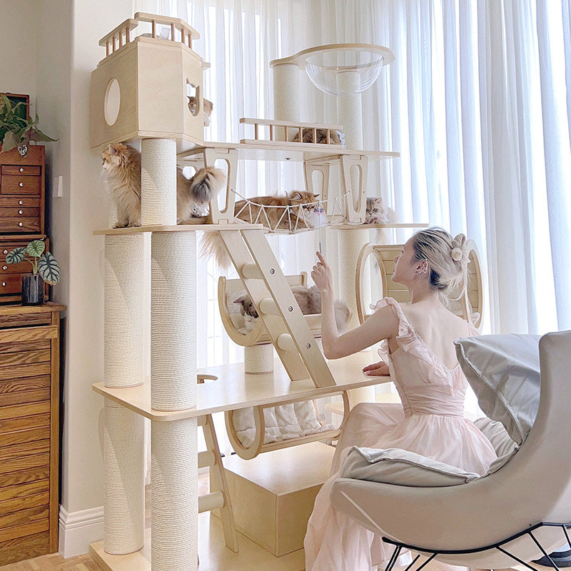 Contemporary Scandinavian Rectangular Solid Wood Panel Multi-Layer Solid Wood Panel Paper Tube Paper Rope Velvet Fabric Acrylic Large Cat Tree 6-Tier For Living Room Cuvalon