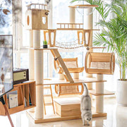 Contemporary Scandinavian Rectangular Solid Wood Panel Multi-Layer Solid Wood Panel Paper Tube Paper Rope Velvet Fabric Acrylic Large Cat Tree 6-Tier For Living Room Cuvalon
