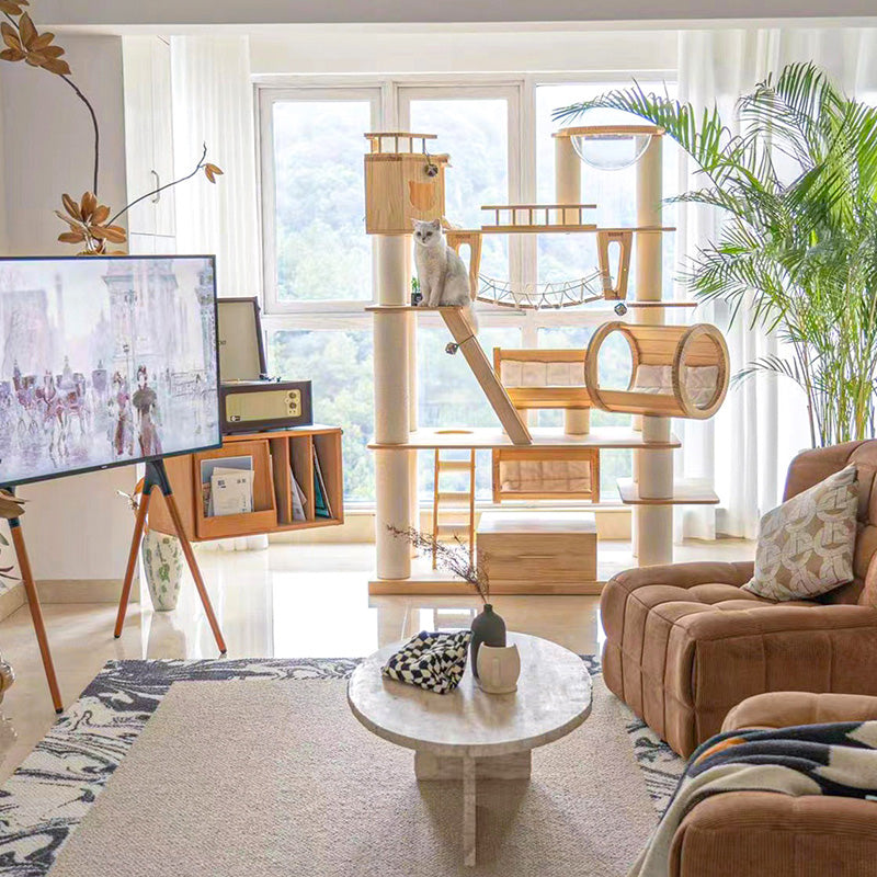 Contemporary Scandinavian Rectangular Solid Wood Panel Multi-Layer Solid Wood Panel Paper Tube Paper Rope Velvet Fabric Acrylic Large Cat Tree 6-Tier For Living Room Cuvalon