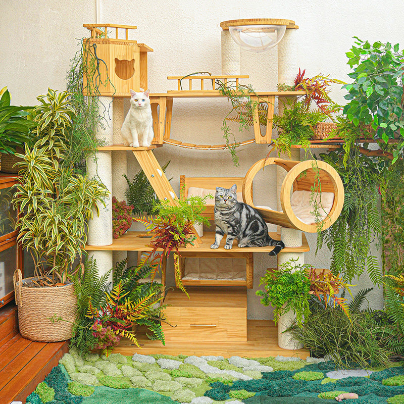 Contemporary Scandinavian Rectangular Solid Wood Panel Multi-Layer Solid Wood Panel Paper Tube Paper Rope Velvet Fabric Acrylic Large Cat Tree 6-Tier For Living Room Cuvalon