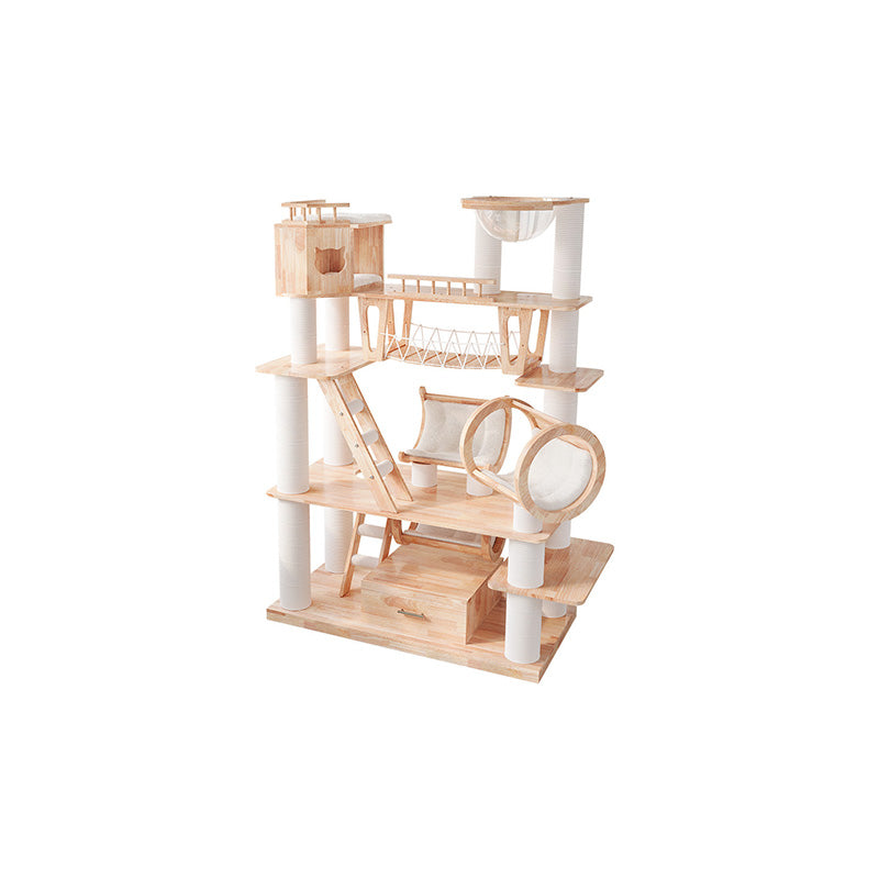 Contemporary Scandinavian Rectangular Solid Wood Panel Multi-Layer Solid Wood Panel Paper Tube Paper Rope Velvet Fabric Acrylic Large Cat Tree 6-Tier For Living Room Cuvalon